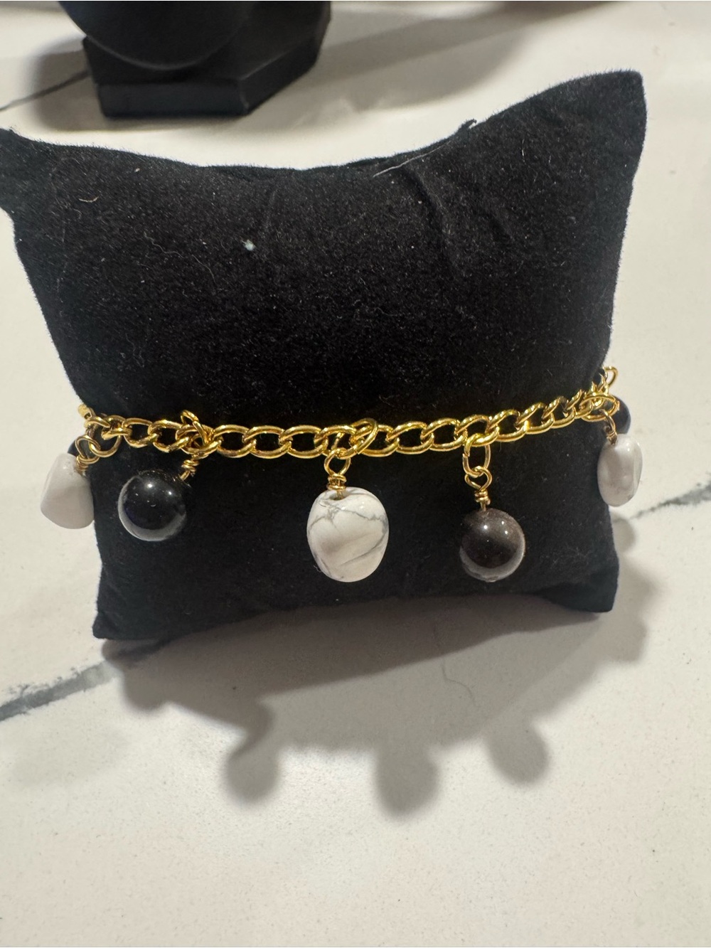 Handcrafted Gold Chain Charm Bracelet with White and Black Stone Drops